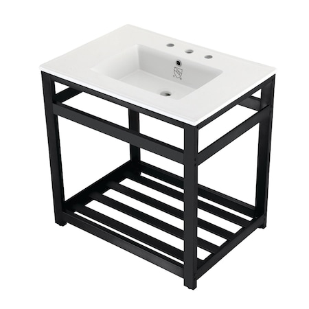 Kingston Brass VWP3122W8A0 31" Ceramic Console Sink (8", 3-Hole), White/Matte Black VWP3122W8A0